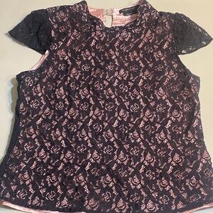 BCBGMaxAzria Black Lace Overlay Pink Satin Shell Cap Sleeve Top